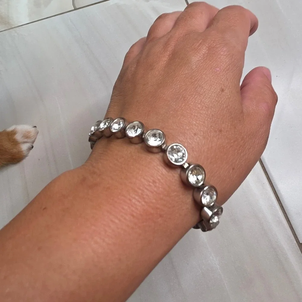 Vintage TC Stainless‎ Steel Bezel Set Clear Crystal Tennis Bracelet Silver Tone